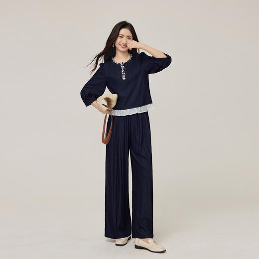 【08/12新品】熙世界休闲松弛感套装女2025初秋新款七分袖刺绣上衣阔腿裤两件套 商品图2