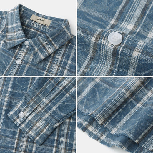CHINISM折扣季 复古蓝格子长袖衬衫男春季美式磨破做旧衬衣外套 商品图4