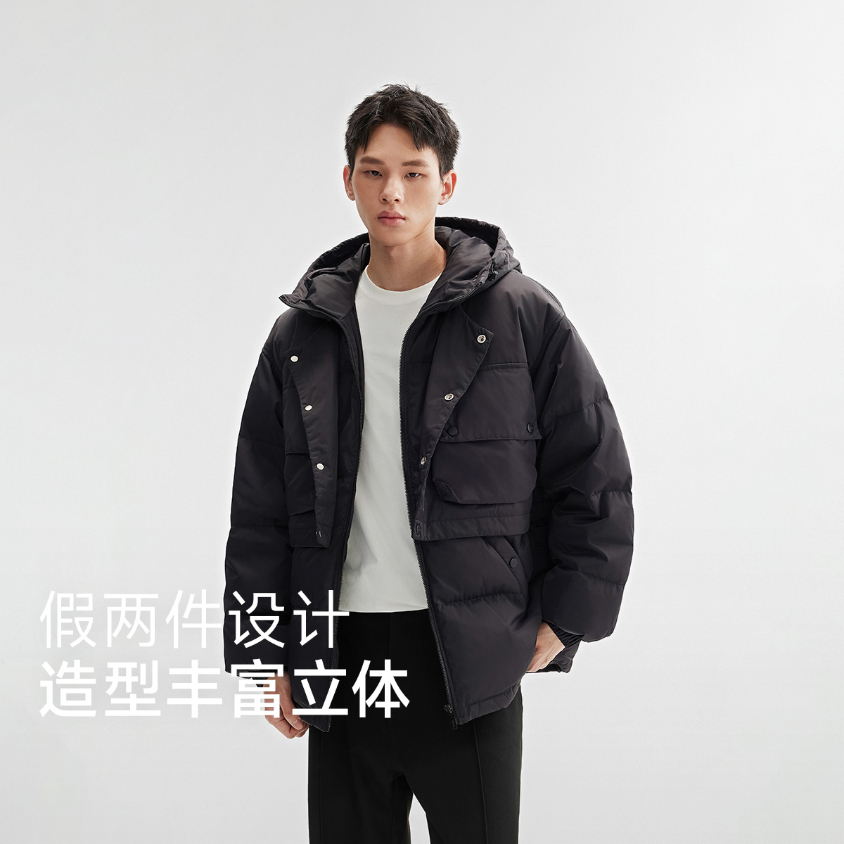 CHINISM赤尘 黑色连帽工装羽绒服男冬季新款美式保暖加厚男士外套