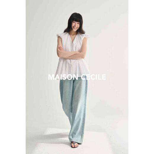 MAISON CECILE三色/宽松V领复古法式压褶设计感飞飞袖上衣 商品图4
