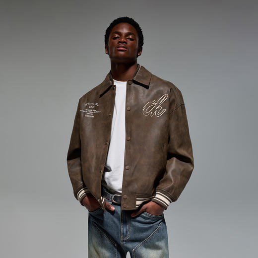 CHINISM赤尘 岩纹翻领pu皮夹克男春秋美式皮衣男士棒球服红色外套 商品图1