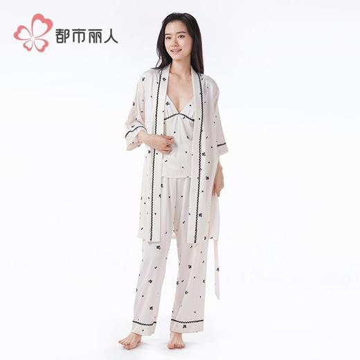 都市丽人冰雪丝印花睡衣女士家居服吊带长裤外袍丝质三件套LHH5A7 商品图6