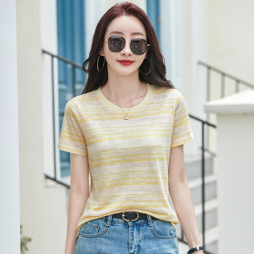 雀说新款撞色条纹圆领复古正肩短袖t恤女雪花竹节棉宽松上衣AL516 商品图0
