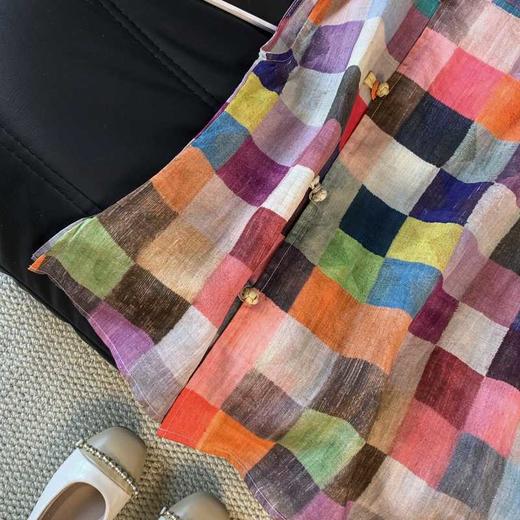 雀说新款苎麻改良旗袍上衣国风水墨彩格盘扣小衫AL6296 商品图2