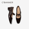 千百度复古羊皮玛丽珍鞋女通勤粗中跟浅口黑色单鞋A25453313 商品缩略图4