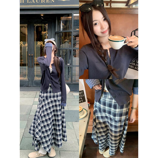 <曾小咸推荐>高级感蓝色格子拼接袖口针织开衫 商品图4