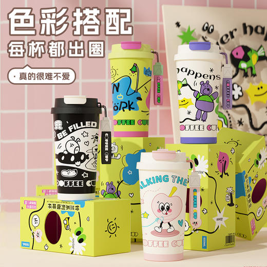 【卡通系列❗多饮保温杯】新款多巴胺卡通涂鸦，·一杯三饮随心喝，密封防漏 360°防漏，食品级材质316长效保温，大容量保温杯男女生便携吸管水杯QQ 商品图1
