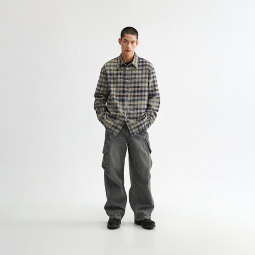 CHINISM赤尘 毛边长袖格子衬衫男秋季美式宽松休闲翻领外套上衣 商品图3