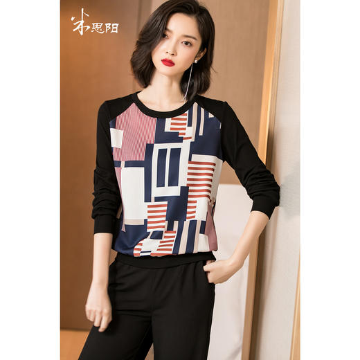 米思阳2026春季通勤风优雅拼接印花长袖T恤宽松休闲上衣女4308 商品图0