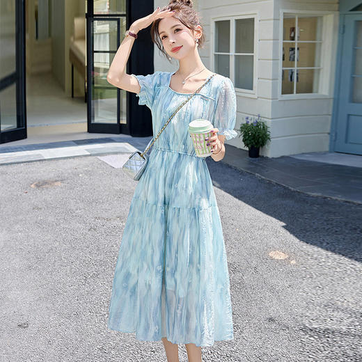 泡泡袖小个子方领连衣裙，时尚显瘦洋气法式气质裙子HR-8891 商品图0