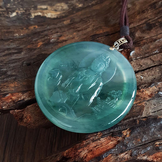 【天然正品】A货翡翠AU750收藏级白金镶天然细腻冰种蓝紫底飘蓝花观音坐莲（平安安乐）无事牌翡翠吊坠项链63.0*53.8*5.6MM（皆取最大值）中性款现售价：21800！120825XY13 商品图3