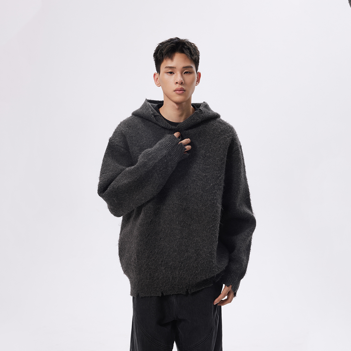 CHINISM赤尘 深灰色拉毛连帽毛衣男秋季美式重磅宽松复古针织衫