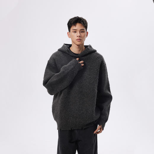 CHINISM赤尘 深灰色拉毛连帽毛衣男秋季美式重磅宽松复古针织衫 商品图0