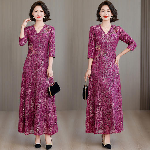 A3099#玫红色妈妈婚宴连衣裙女2025新款春夏季年轻喜婆婆喜服结婚礼服裙 商品图1