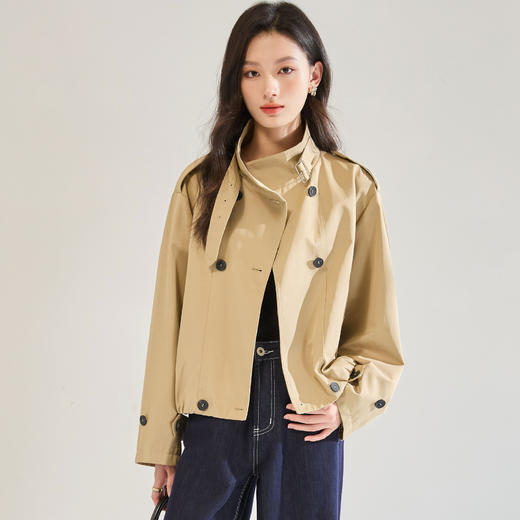 「高货sh」全新升级【铂金会员404/天猫539/差价135】(11202)洛诗琳新款气质双排扣外套2025秋季立领廓形短款风衣外套 商品图0