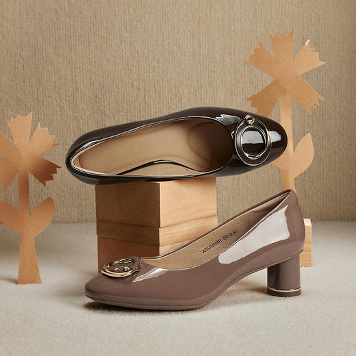 【静音系列】千百度粗牛漆皮高跟鞋女圆头浅口单鞋A25481818 商品图1