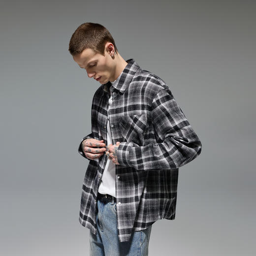 CHINISM赤尘 黄色格子长袖衬衫男秋季翻领纯棉情侣衬衣薄款外套 商品图2