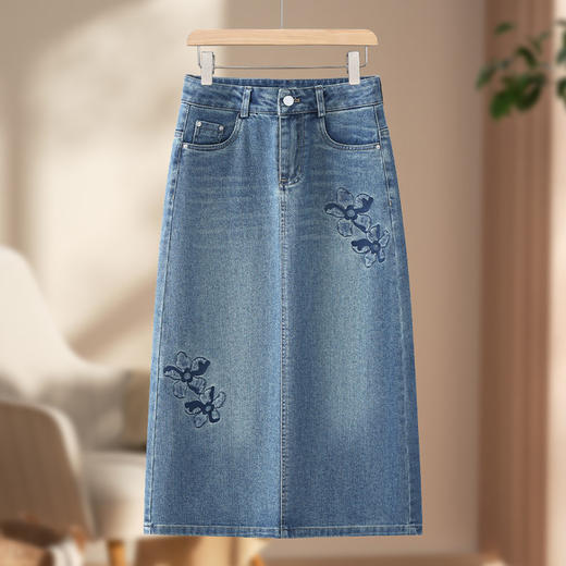 PY-2025年新款高腰显瘦中长裙一步直筒裙刺绣花朵牛仔裙半身裙女SRS&WM8937 商品图3