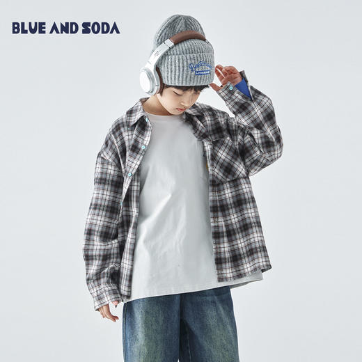 预售3.29发 蓝汽水25年秋季新款亲子装中大男童经典格纹衬衫撞色纽扣印花上衣 商品图0