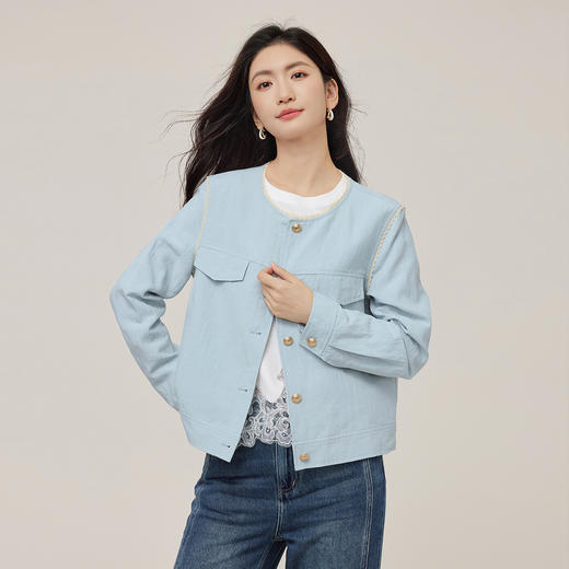 【年货节】熙世界小香风天丝蓝色短外套女2025秋装新款气质蕾丝花边圆领上衣 商品图4