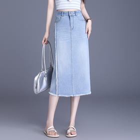 【预售3天】PY-2025新款女韩版高腰中长款包臀裙简约牛仔直筒开叉半身裙SES&BF9817
