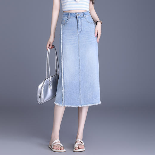 【预售3天】PY-2025新款女韩版高腰中长款包臀裙简约牛仔直筒开叉半身裙SES&BF9817 商品图0