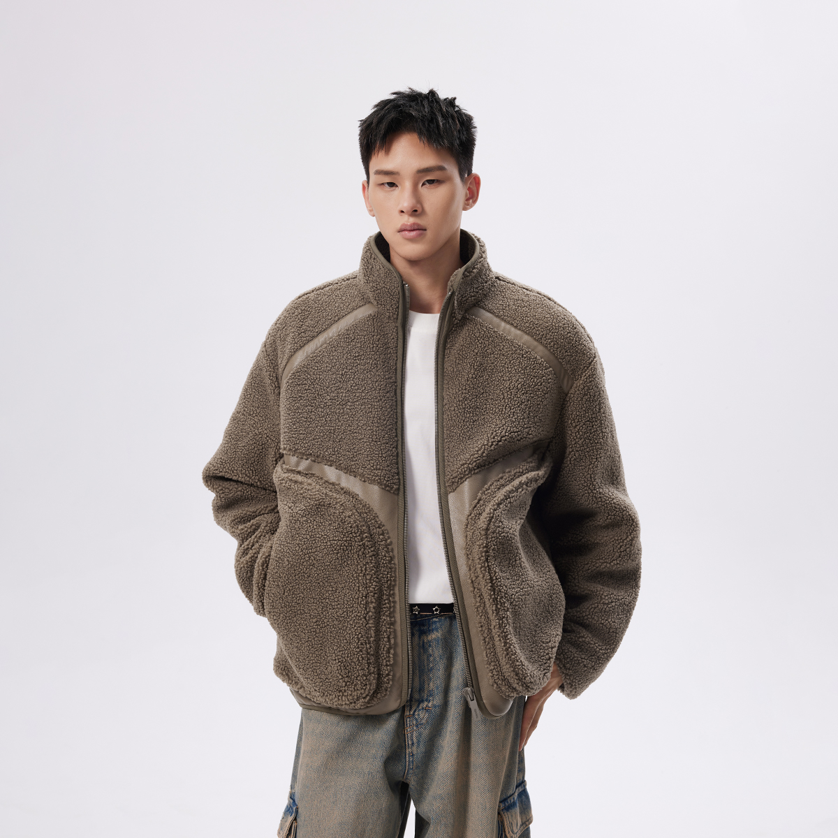 CHINISM折扣季 羊羔绒拼接立领棉服男冬季美式保暖加厚男士外套