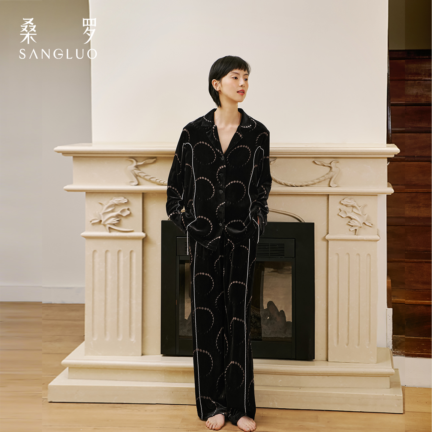 早秋新品』桑罗桑蚕丝绒睡衣套装月亮印花丝绸女款家居服秋冬外穿