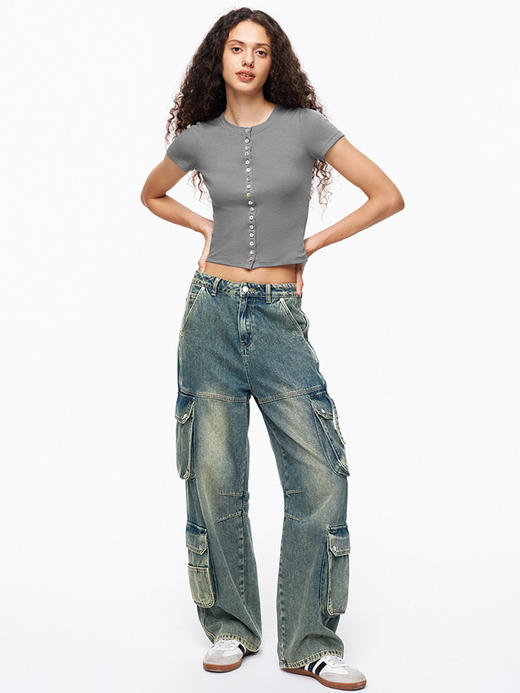 TR她热 贝壳胶片 灰色棉感弹力修身短款贝壳扣百搭基础T恤 商品图2