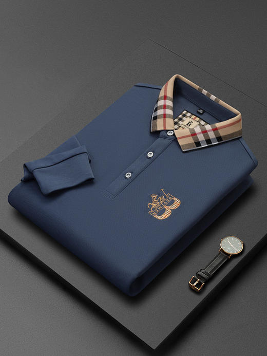 秋季上新！【低调内敛，亲肤舒适！】2025秋冬派森龙中年男士长袖T恤 POLO衫纯色刺绣翻领上衣 爸爸POLO衫-QB 商品图2