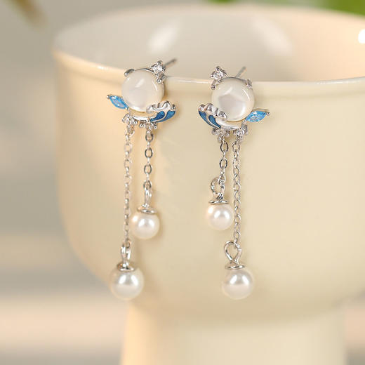 纯银创意新中式设计珍珠流苏耳环浪花耳饰E000849B 商品图3