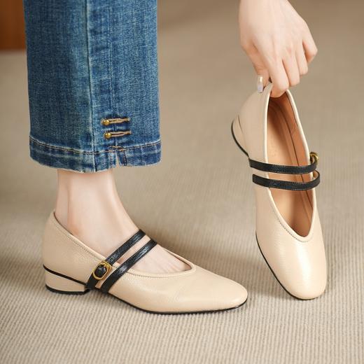 羊皮圆头拼色一字扣带，低跟浅口玛丽珍单鞋DTN-153-13 商品图0