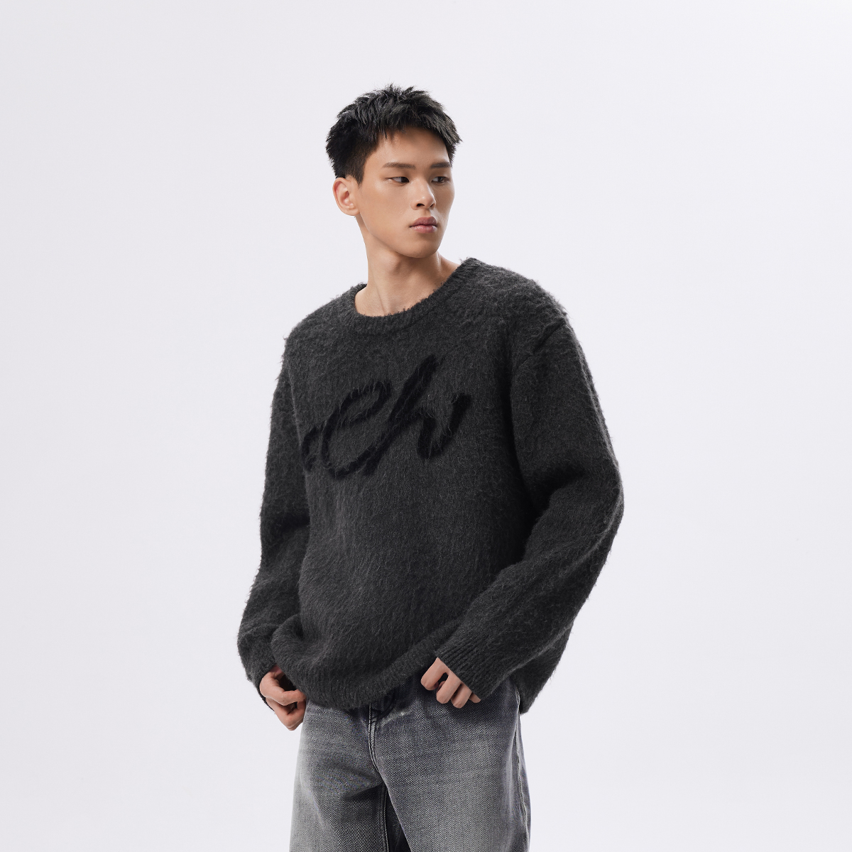 CHINISM折扣季 提花LOGO圆领毛衣男冬季美式羊毛针织衫男士上衣