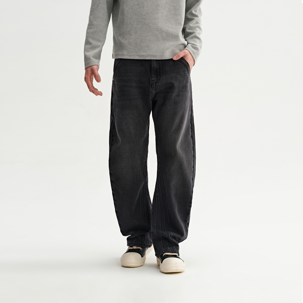 CHINISM赤尘 黑色重磅水洗弯刀牛仔裤男秋季新款宽松直筒男士裤子