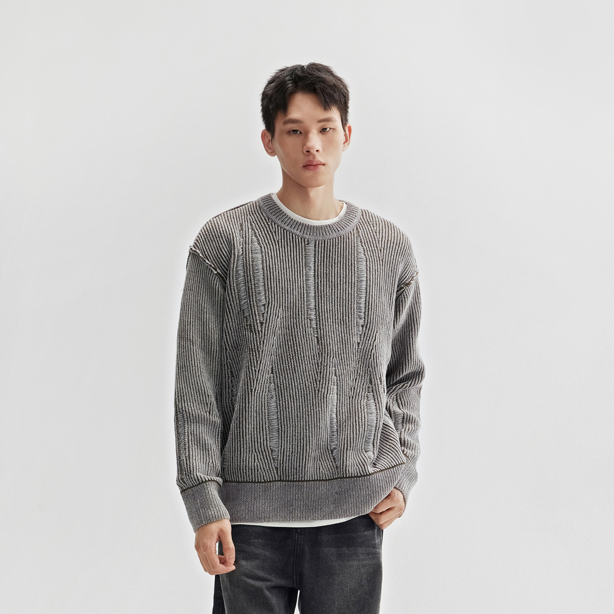 CHINISM赤尘 异色双纱落肩圆领毛衣男冬季新款男士复古针织衫上衣