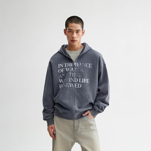 CHINISM赤尘 字母印花水洗开衫卫衣男秋季新款纯棉连帽拉链外套 商品图2