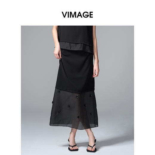 VIMAGE纬漫纪拼接网纱珠片花朵优雅A字显瘦半身裙2025季夏新款V2306934 商品图3