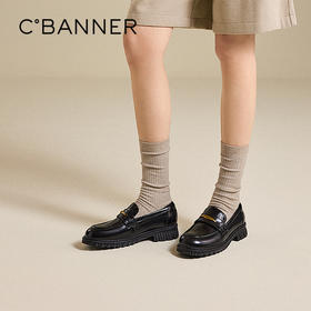 千百度漆皮厚底乐福鞋女通勤增高深口黑色小皮鞋单鞋A25463103