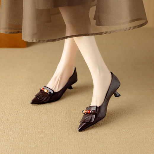 【预售5天】法式复古浅口单鞋女尖头新款小皮鞋真皮职场高跟工作鞋DB&M6532 商品图0