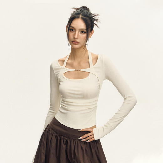 Ariseism 美式复古设计感绑带长袖T恤女2025秋季新款修身显瘦上衣 商品图0