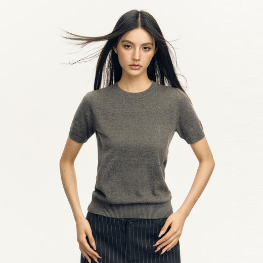 Ariseism 美式复古纯色圆领针织短袖t恤衫女2025夏季新款宽松上衣 商品图1