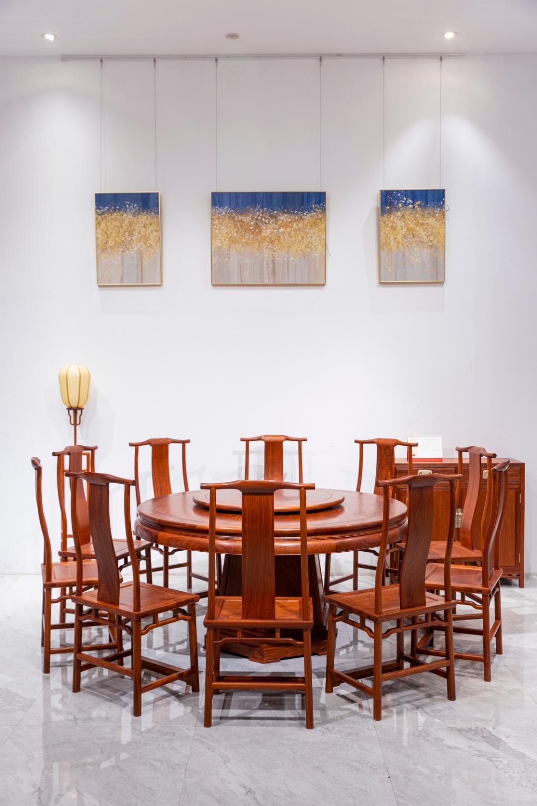 红桥红  家具严选  缅甸花梨（大果紫檀）【158 素边六角底座 圆餐桌十二件套】