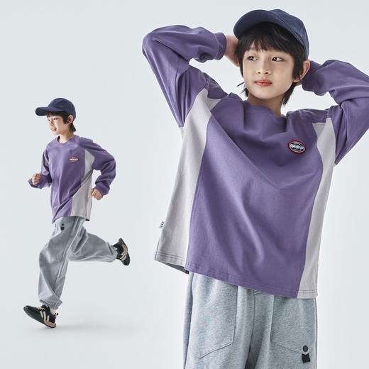 蓝汽水25年秋季新款亲子装中大男童拼接运动长袖T恤休闲时尚上衣 商品图3