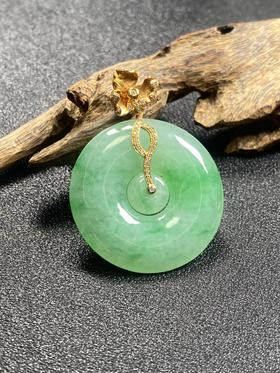 【FC0112】18K镶嵌翡翠冰飘绿平安扣吊坠  玉质温润 飘花灵动 美观大气