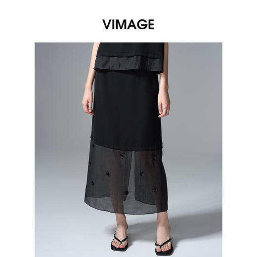 VIMAGE纬漫纪拼接网纱珠片花朵优雅A字显瘦半身裙2025季夏新款V2306934 商品图0