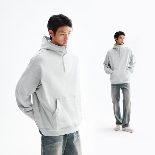 CHINISM赤尘 灰色立领连帽半拉链卫衣男春季美式男士宽松纯色帽衫 商品图4