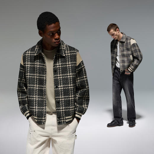 CHINISM赤尘 复古格纹小香风外套男春秋拼接肌理感男士翻领夹克 商品图2