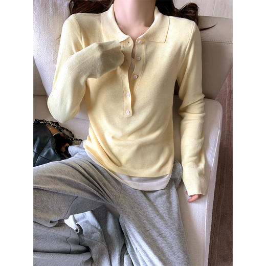<曾小咸推荐>黄色polo领假两件拼色长袖针织衫 商品图1