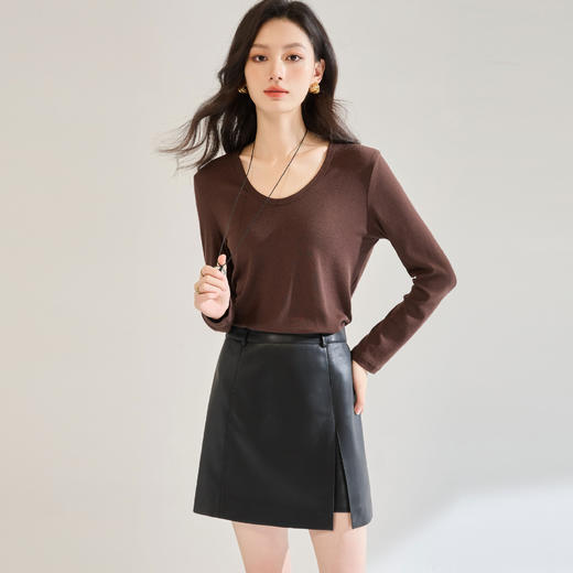 SH 25552极简时髦柔软质感半身皮裙显瘦高腰开衩A字短裙 商品图2