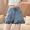 雀说刺绣牛仔短裤女薄款新款高腰宽松国风设计感a字短裤子AL3562 商品缩略图5